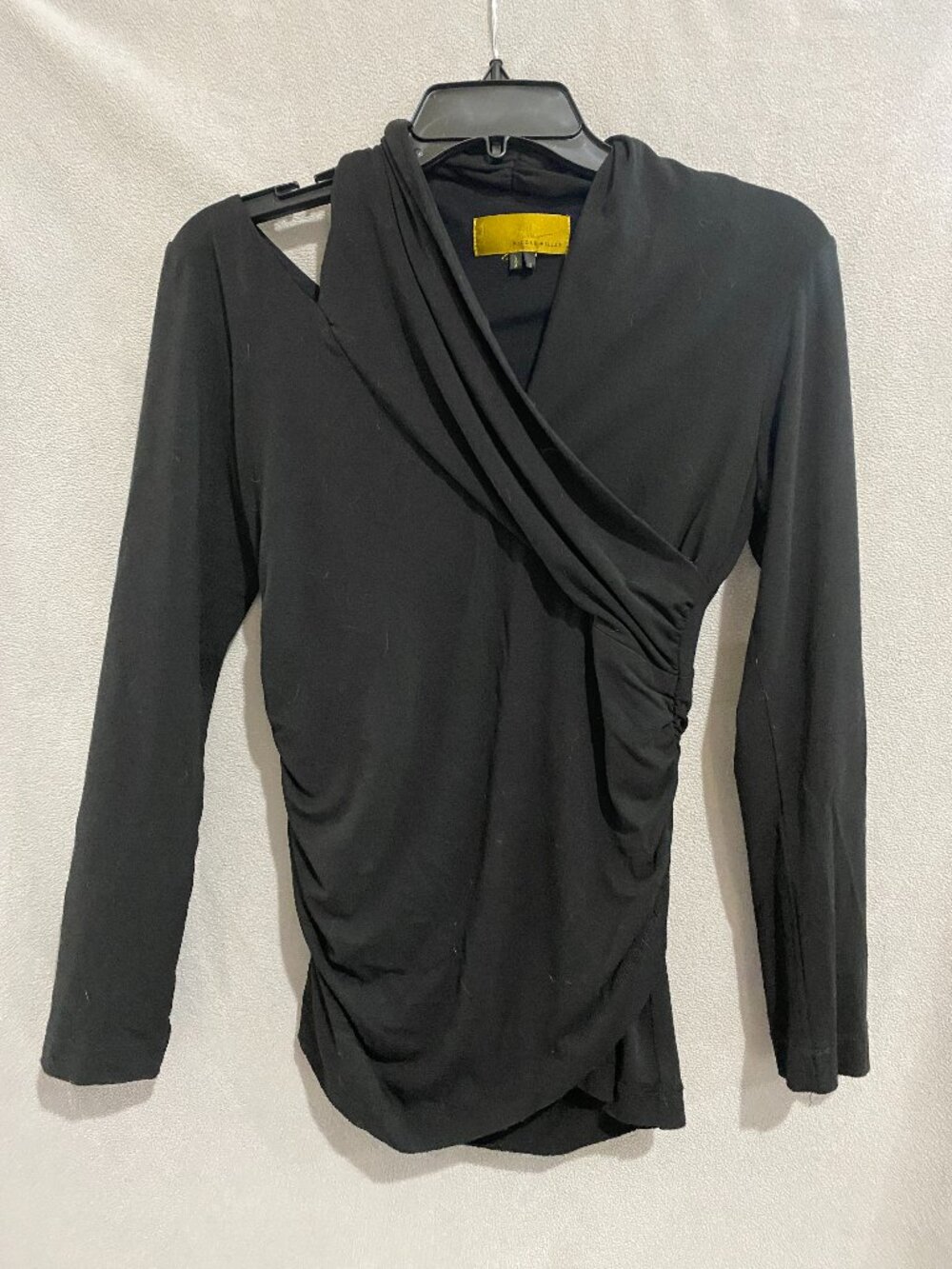 Nicole Miller Black Draped Asymmetrical Ruched Long Sleeve Top Size S